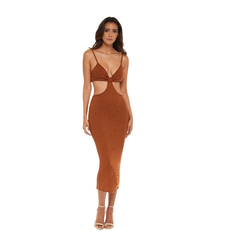 Amable Rust Brown Ribbed Knit Cutout Twist Front Midi Dress Open Back Slit Small